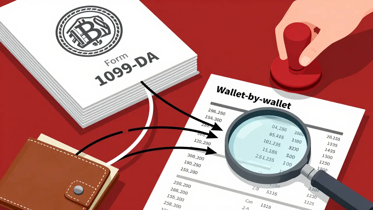 Editorial cartoon showing Form 1099-DA and wallet-to-wallet tracking for crypto compliance.