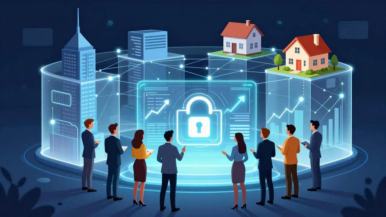 Futuristic blockchain network connecting properties with investors viewing data.