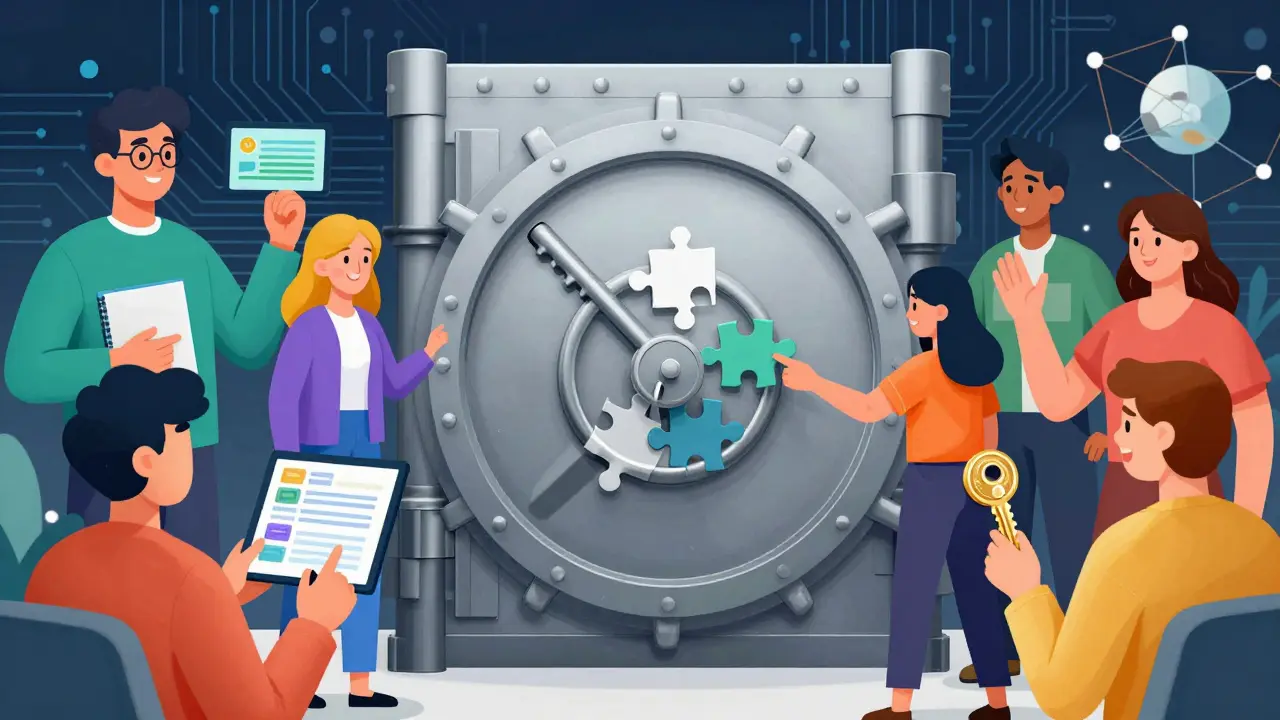 Hybrid governance metaphor: community consensus unlocking a secure blockchain vault.