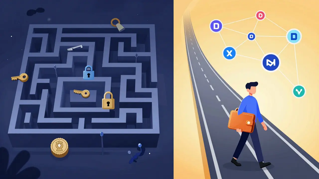 Illustration comparing maze of banks to open DeFi path