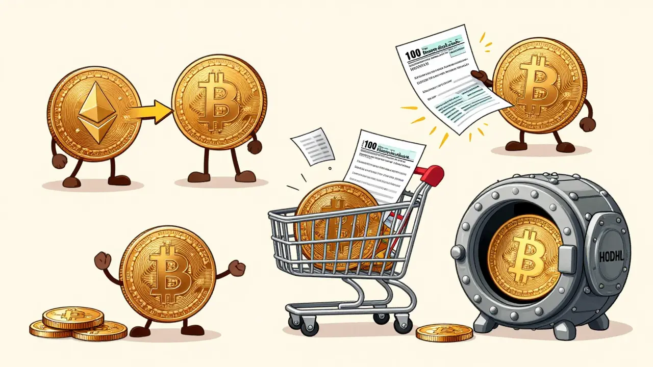 Illustration depicting various crypto transactions like trading and spending as taxable events.