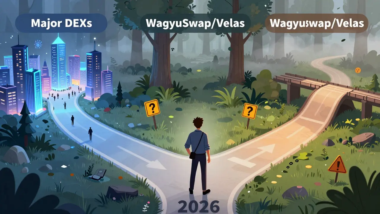 Illustration of a trader choosing between a safe major exchange and a foggy, risky path for WagyuSwap.