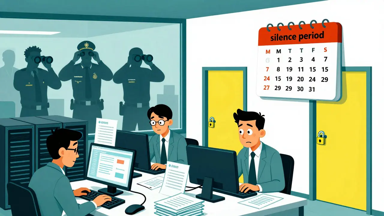 Illustration of crypto startups in a silent preparation phase under regulatory observation.