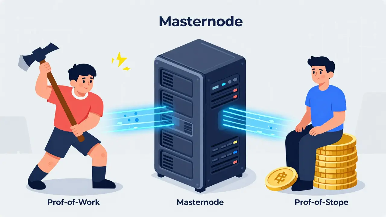 Illustration of Dimecoin's PoW, PoS, and Masternode hybrid consensus model