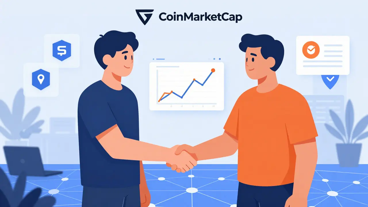Illustration of gaming and finance icons shaking hands over a blockchain