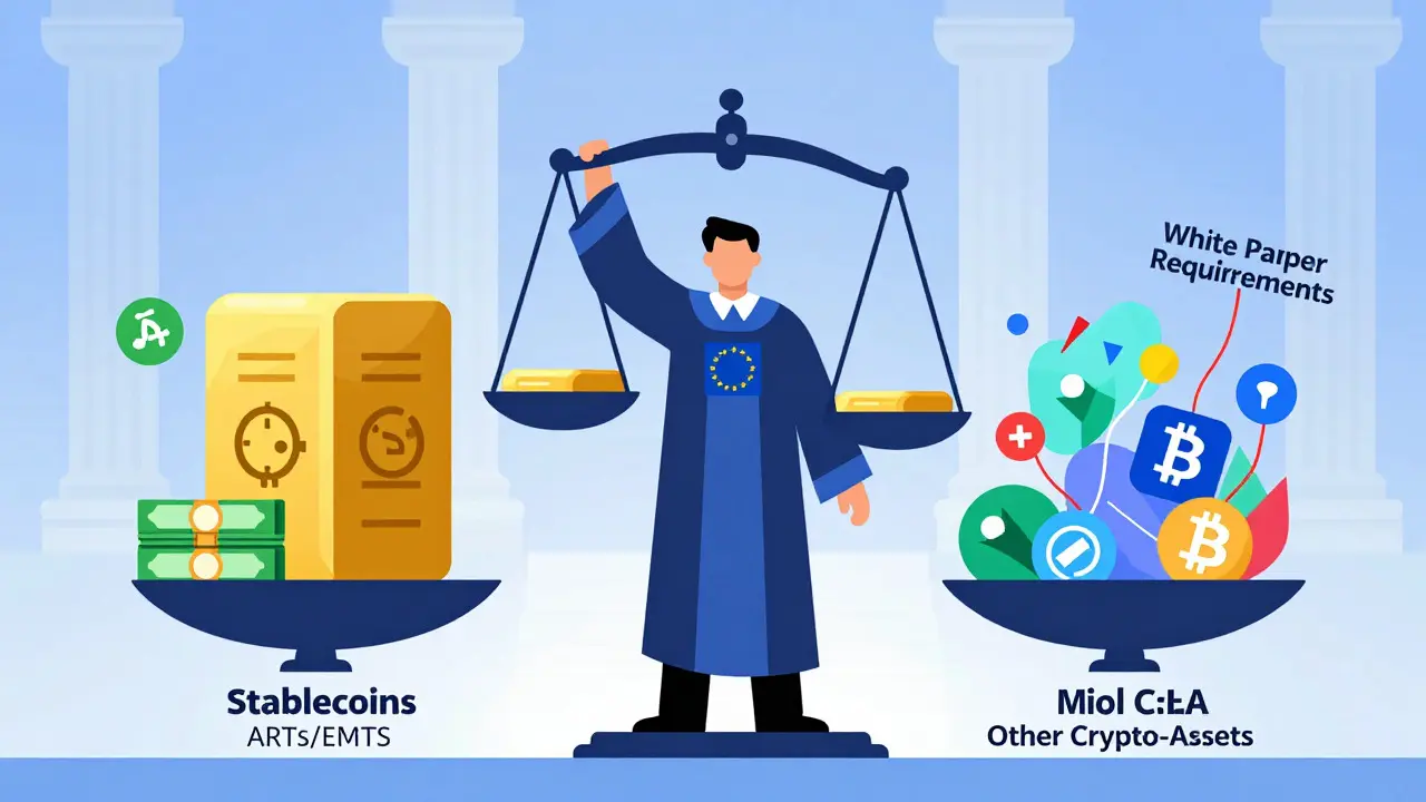 Illustration of MiCA's three crypto asset classes balanced on a legal scale