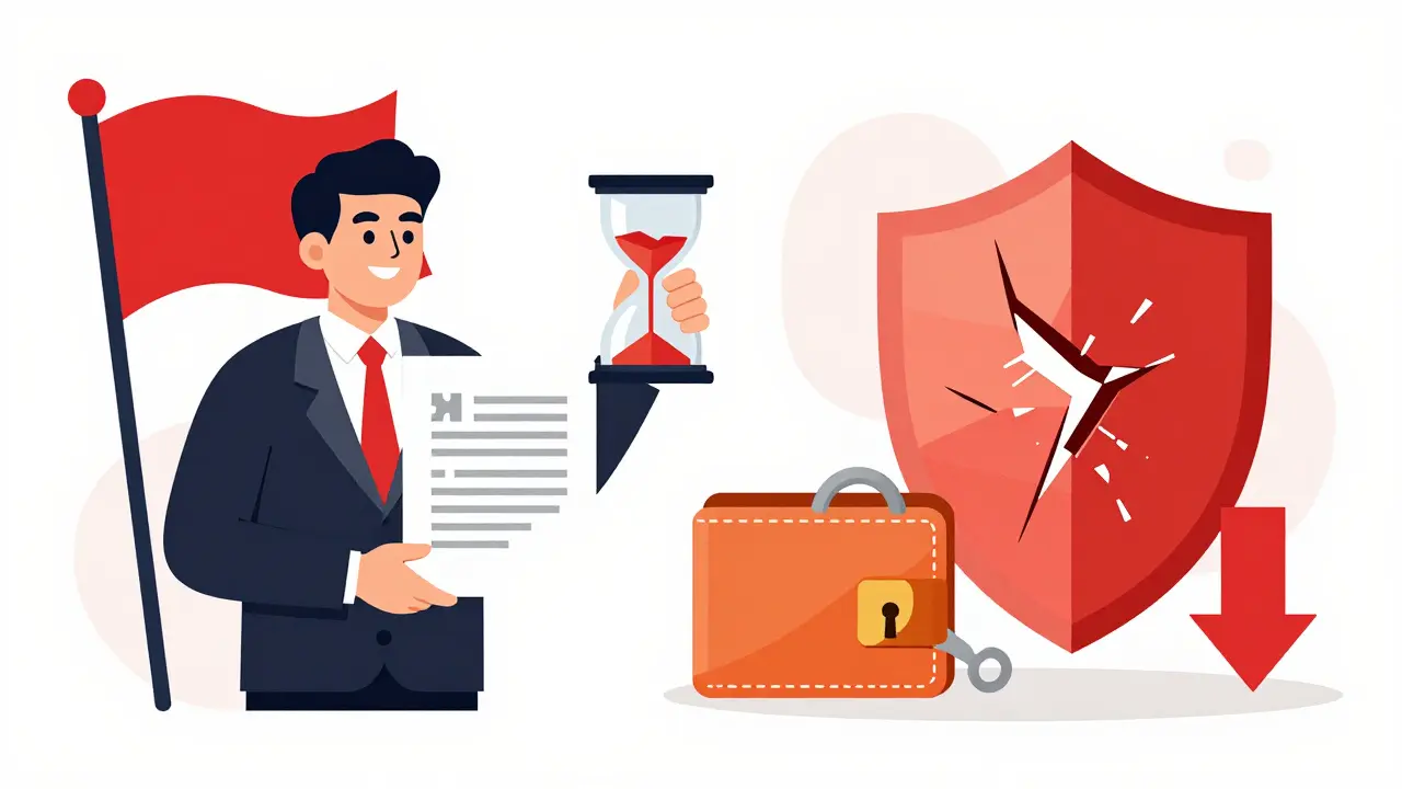 Illustration of scam red flags including urgency and blocked withdrawals