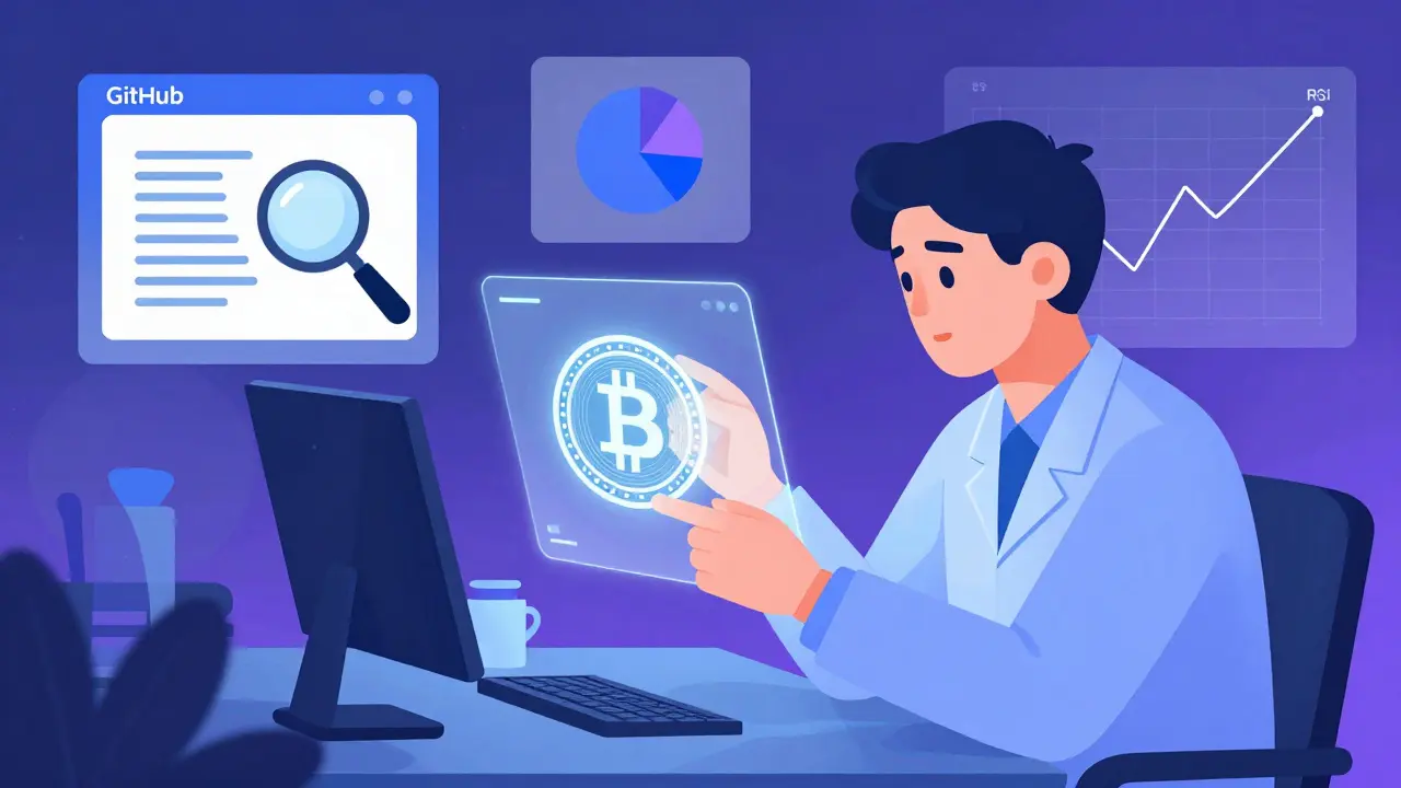 Researcher analyzing crypto tokenomics and code using digital tools