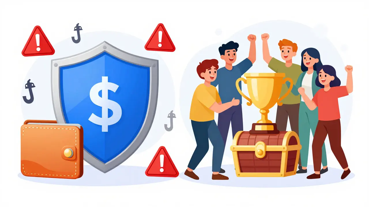 Shield protecting a crypto wallet while gamers celebrate safely