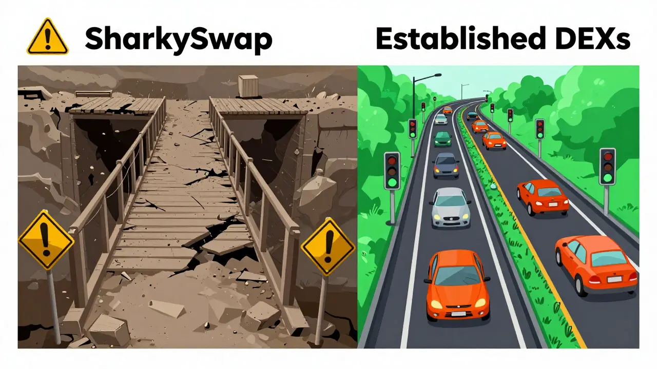 Split image comparing a broken bridge to a busy highway of safe exchanges.