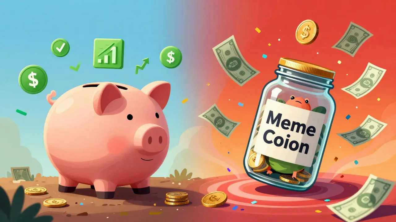 Split image showing a safe piggy bank versus a risky meme coin vortex