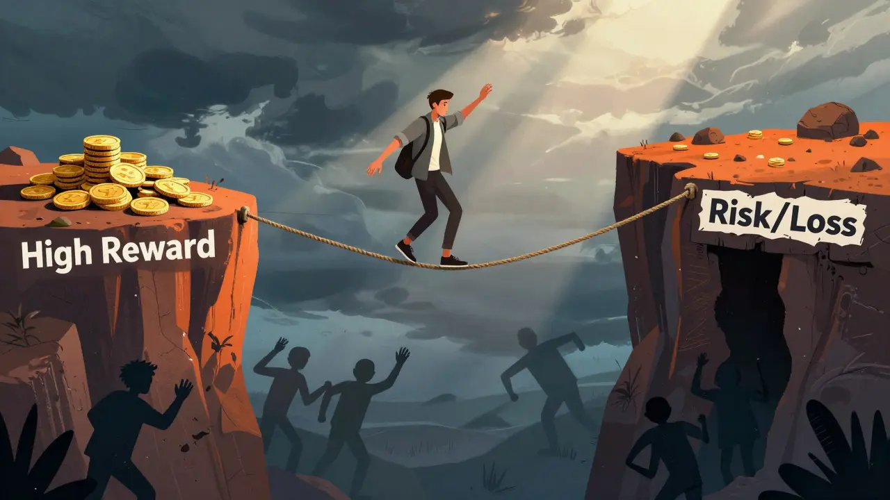 Trader balancing on a tightrope between high rewards and financial risks