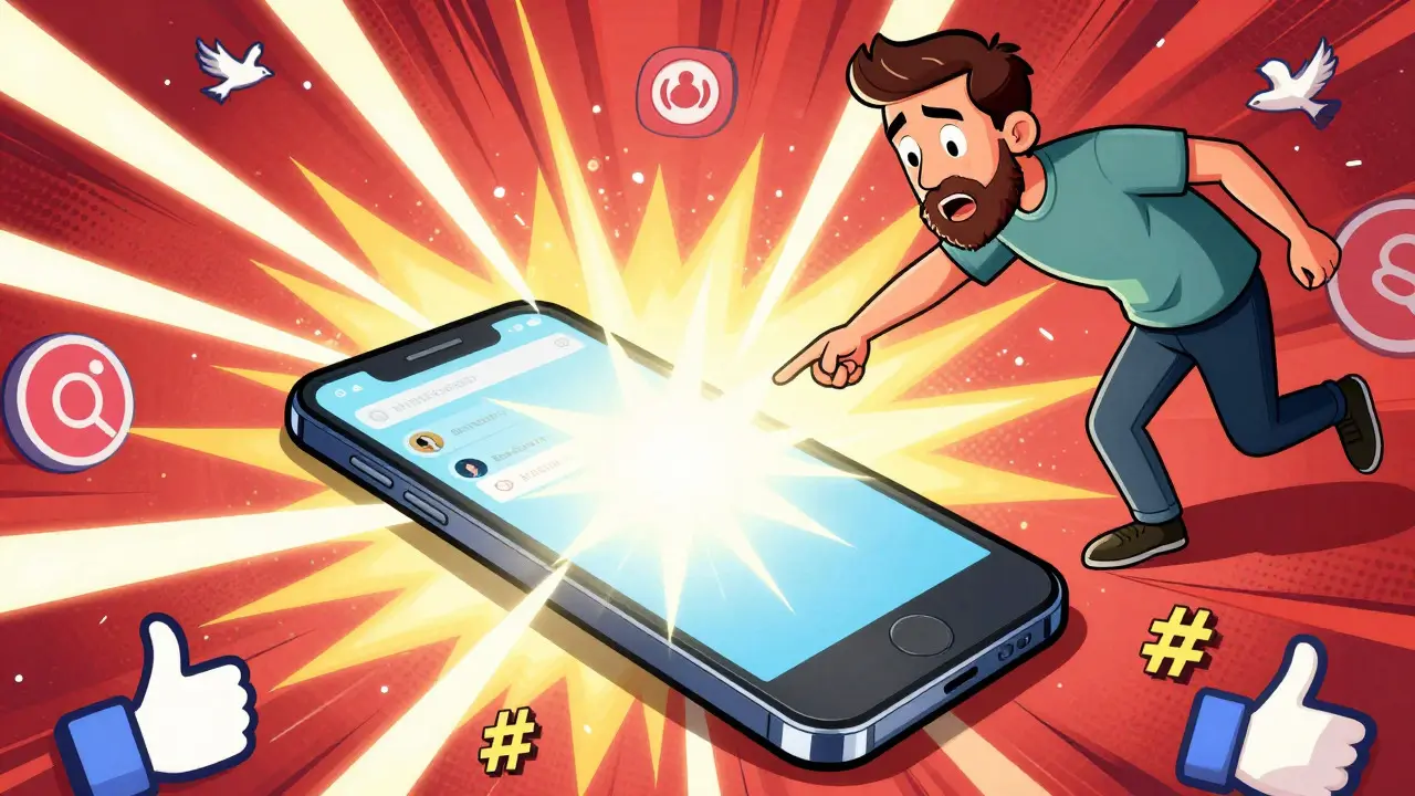 A cartoon illustration of a tech celebrity reacting with surprise to a glowing smartphone displaying social media icons.