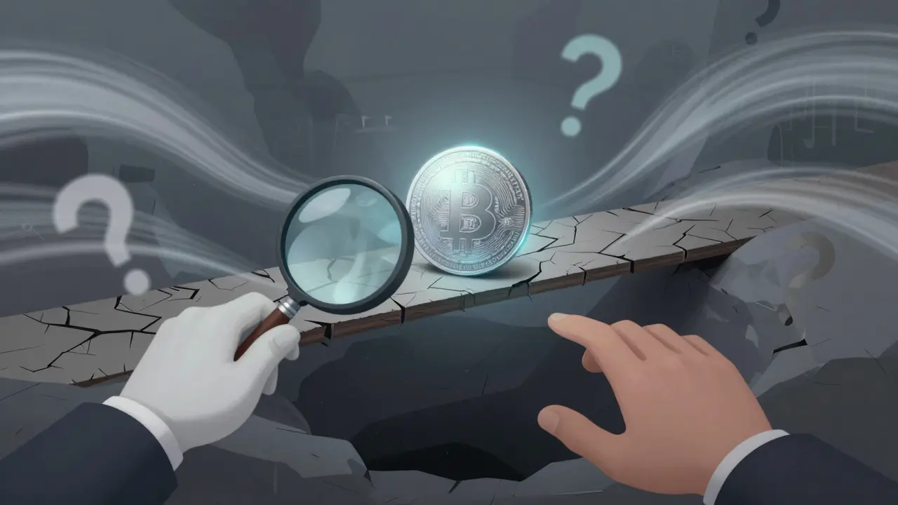A fragile glass coin on a cracked bridge with swirling data winds, symbolizing crypto risk in an editorial cartoon.