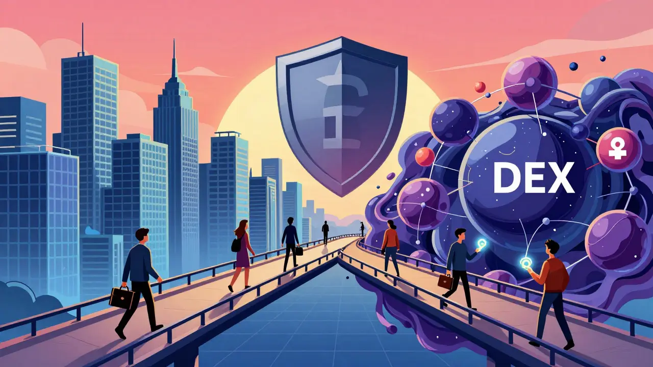 Bridge connecting a structured city with a fluid network of spheres