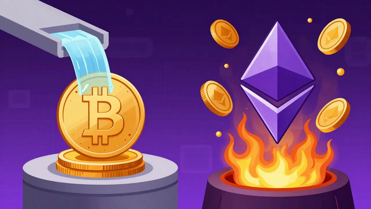 Cartoon comparing Bitcoin's fixed supply with Ethereum's dynamic burn mechanism