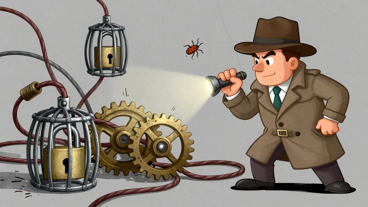 Cartoon detective inspecting tangled wires and gears representing smart contracts