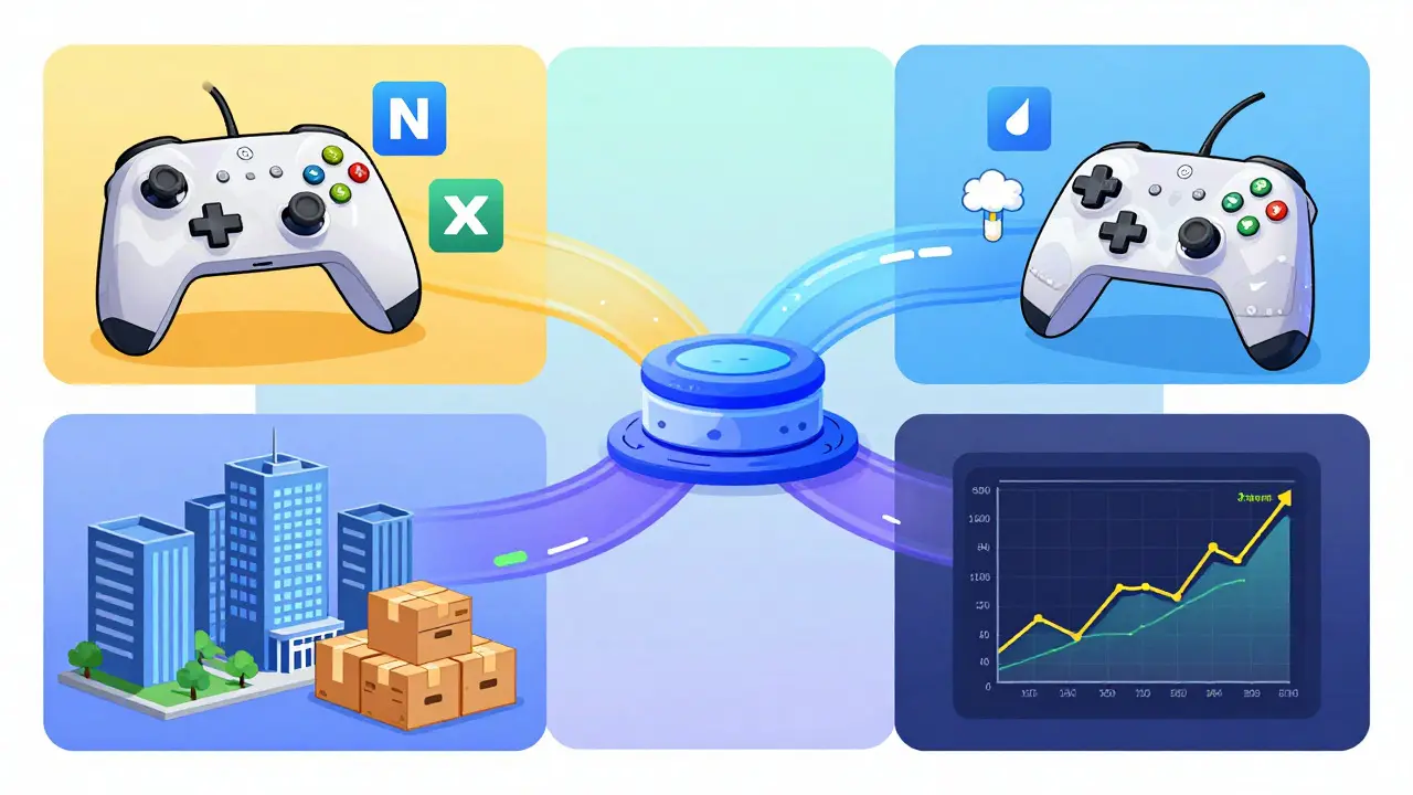 Cartoon graphic showing gaming, enterprise, and trading sidechain use cases