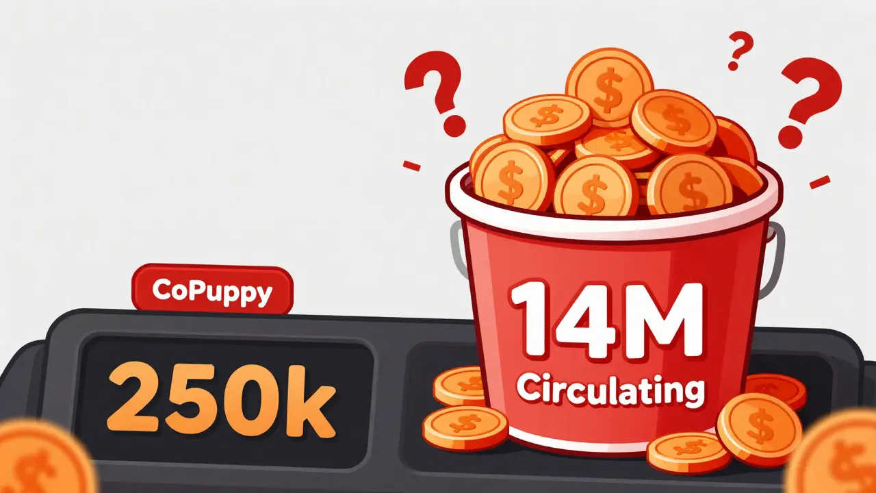 Cartoon showing contradictory and impossible CoPuppy token supply data