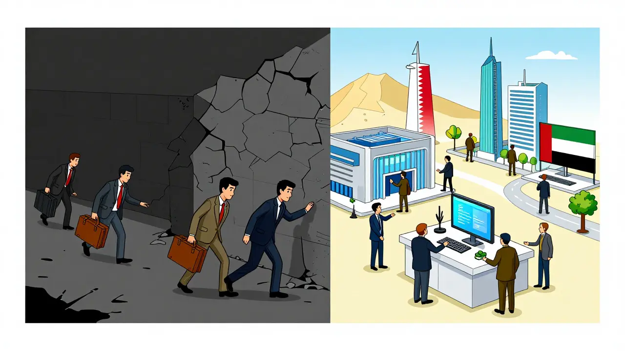 Cartoon showing crypto experts fleeing Algeria for neighboring countries