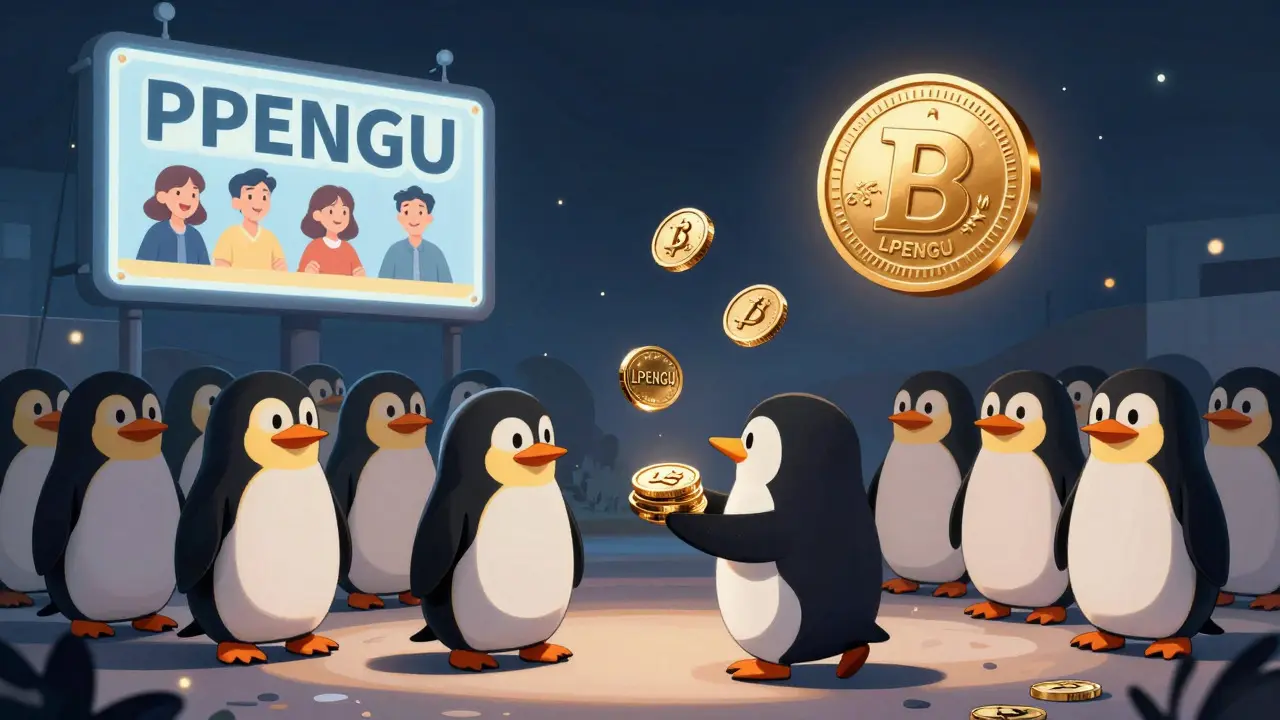 Cartoon-style editorial drawing of a penguin struggling to sell LPENGU tokens due to lack of buyers, while a large advertisement for the official PENGU token looms in the background, illustrating liquidity risks.