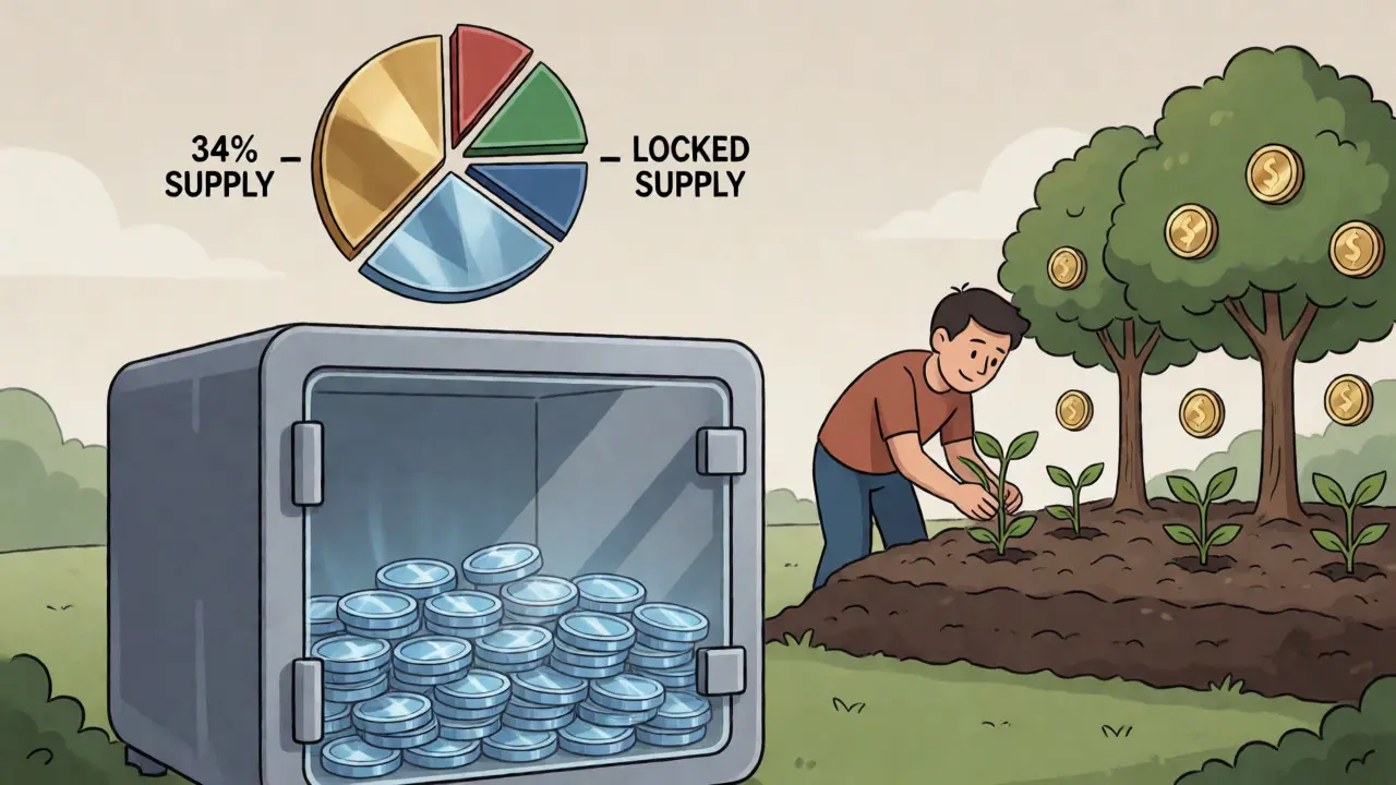 Conceptual illustration of XWG token supply distribution and staking growth.