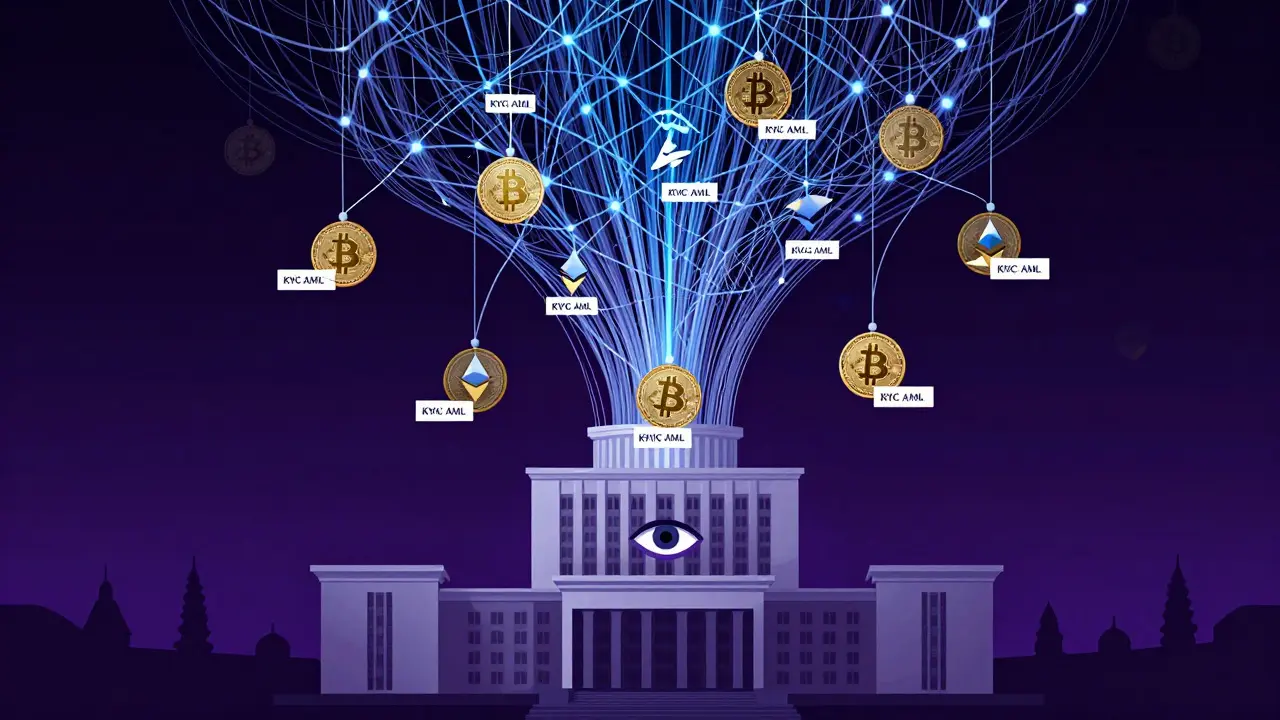 Conceptual image of a surveillance net capturing crypto coins with identity tags.