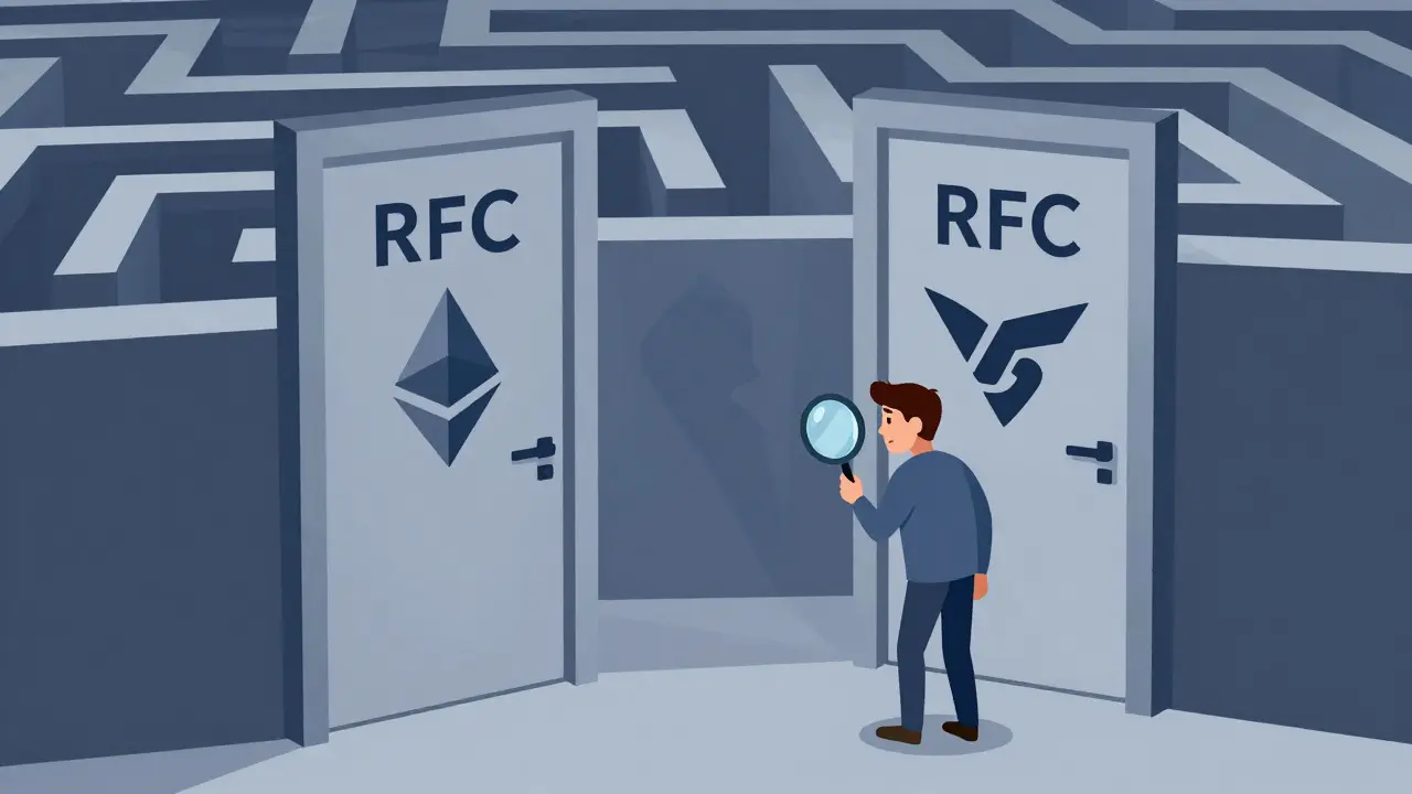 Confused person choosing between two similar RFC doors