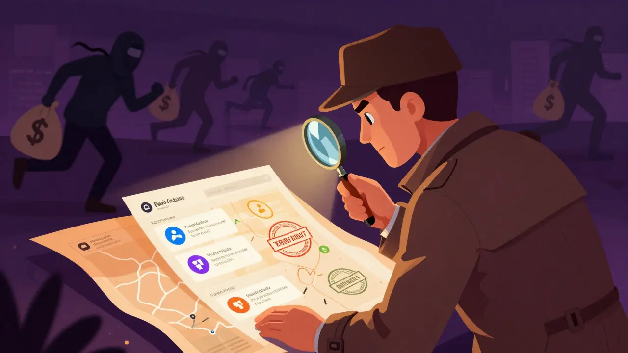 Detective using a magnifying glass to verify blockchain security and audits