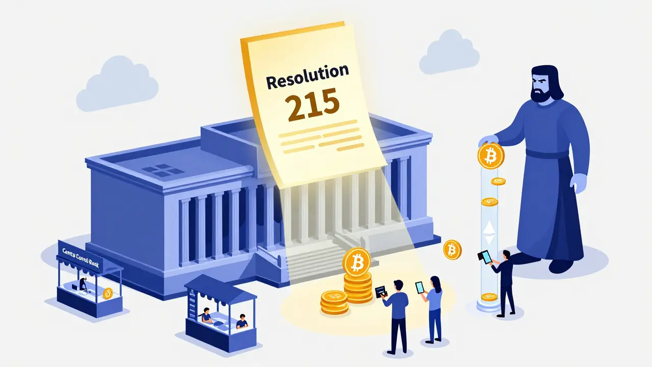 Editorial art showing Resolution 215 regulating crypto flows in Cuba