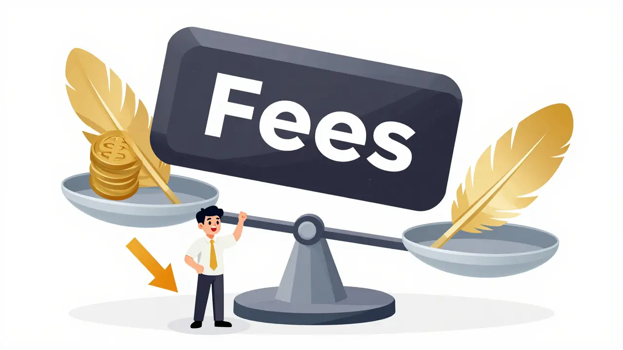 Editorial cartoon comparing high and low trading fees using a balance scale and coin symbols