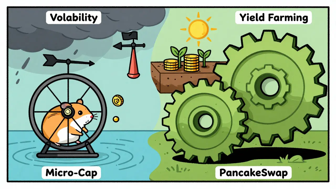 Editorial cartoon comparing micro-cap volatility to major exchanges