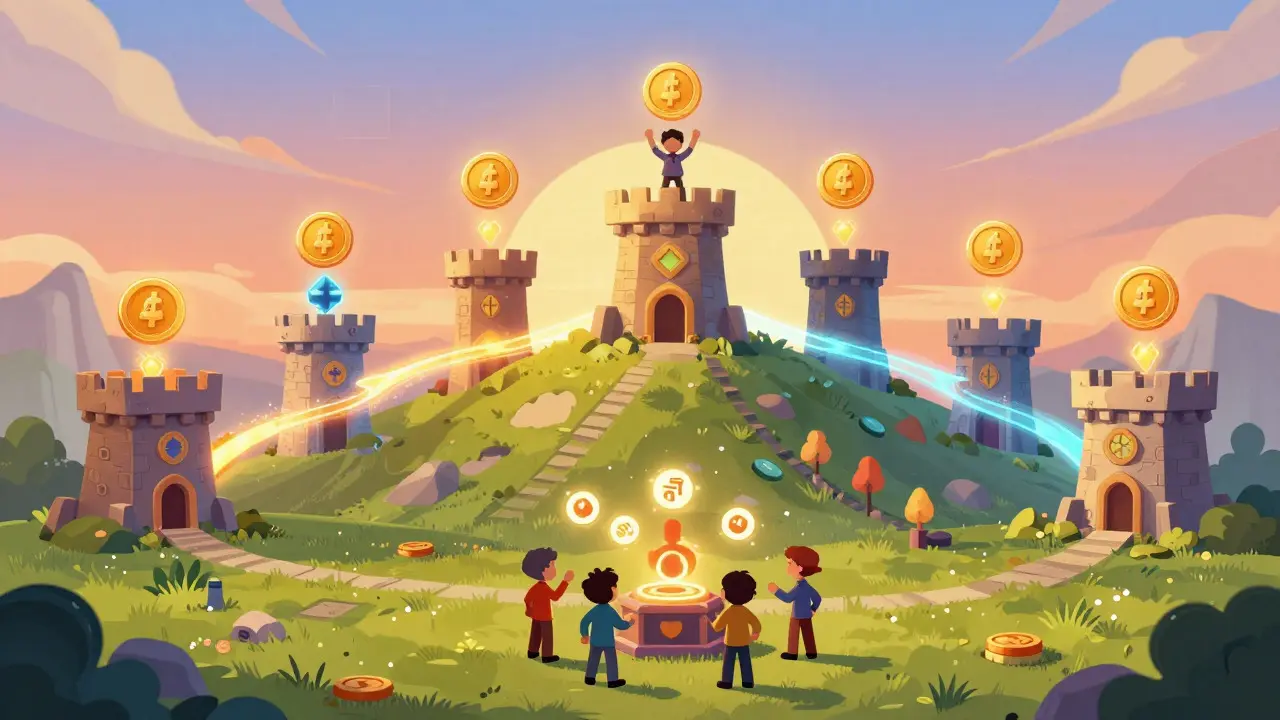 Editorial cartoon showing a player collecting taxes from castles and participating in token staking governance
