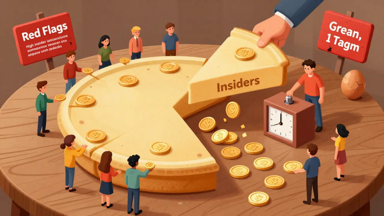 Editorial illustration depicting token distribution pie and vesting schedule timers