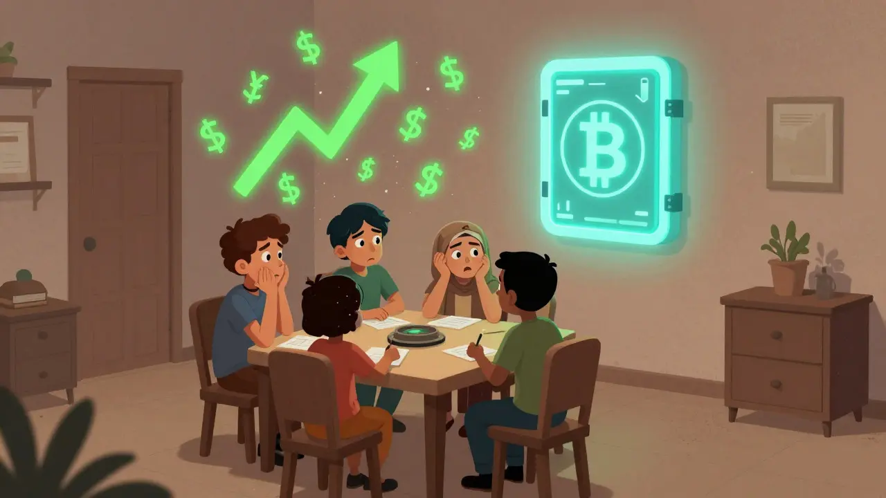 Family worried about inflation with digital vault icon overhead