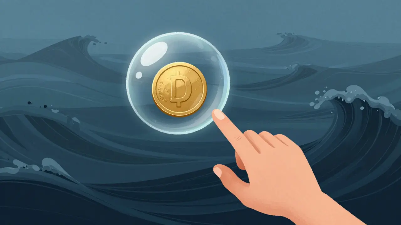 Fragile glass bubble with a coin floating above turbulent dark waves