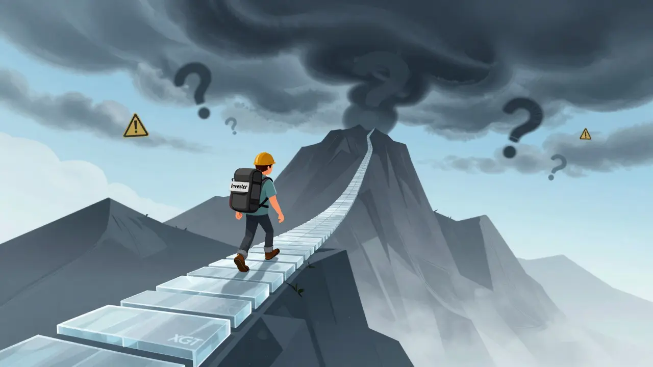 Hiker climbing a narrow block path under looming shadows, representing market volatility