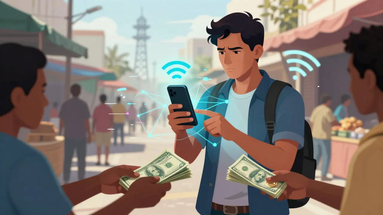 Illustration of a Cuban citizen navigating internet issues to use crypto