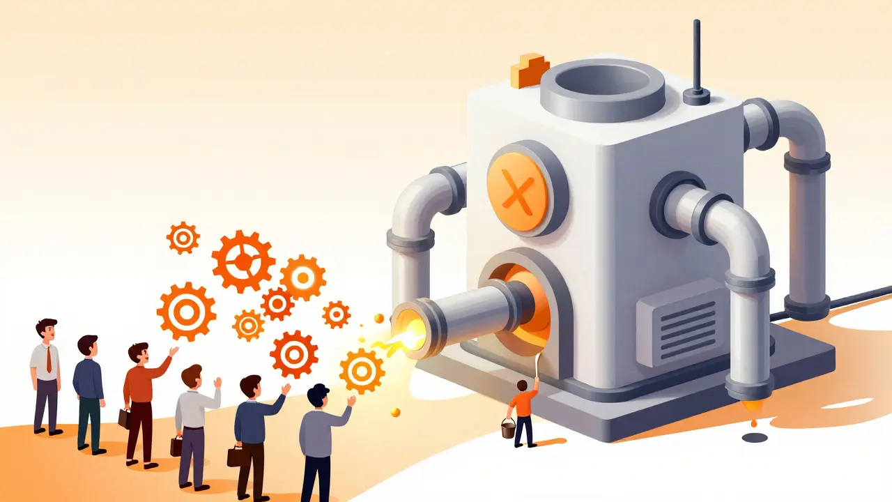 Illustration of a DeFi machine dispensing rewards to merchants while showing low supply