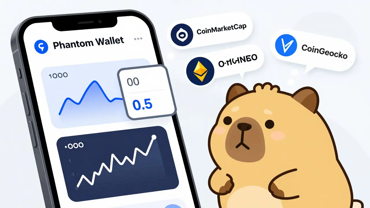 Illustration of a Lil Pudgy character viewing a digital wallet with conflicting price data from various crypto trackers, surrounded by Ethereum and Solana network symbols, representing data volatility.