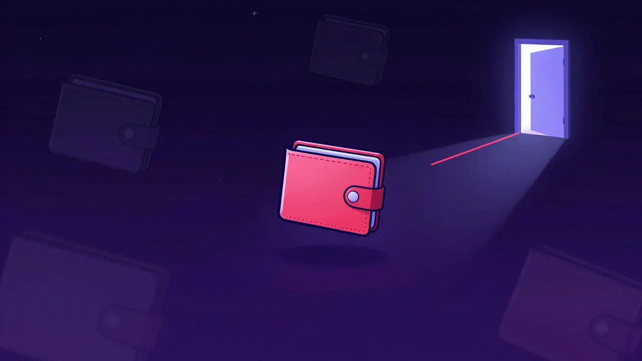 Illustration of a lonely digital wallet in a dark void with a distant exit