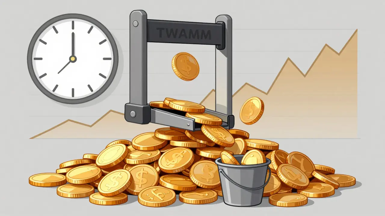 Illustration of a machine slicing coins to represent slow, scheduled trading execution