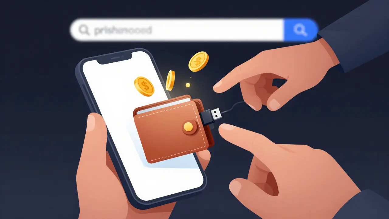 Illustration of a scammer stealing crypto from a wallet via phishing link