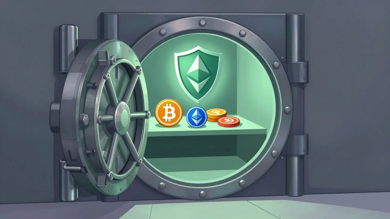 Illustration of a secure vault containing a limited selection of major cryptocurrency icons