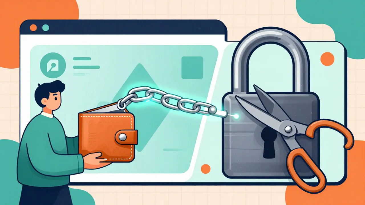 Illustration of a wallet and a broken lock symbolizing crypto security
