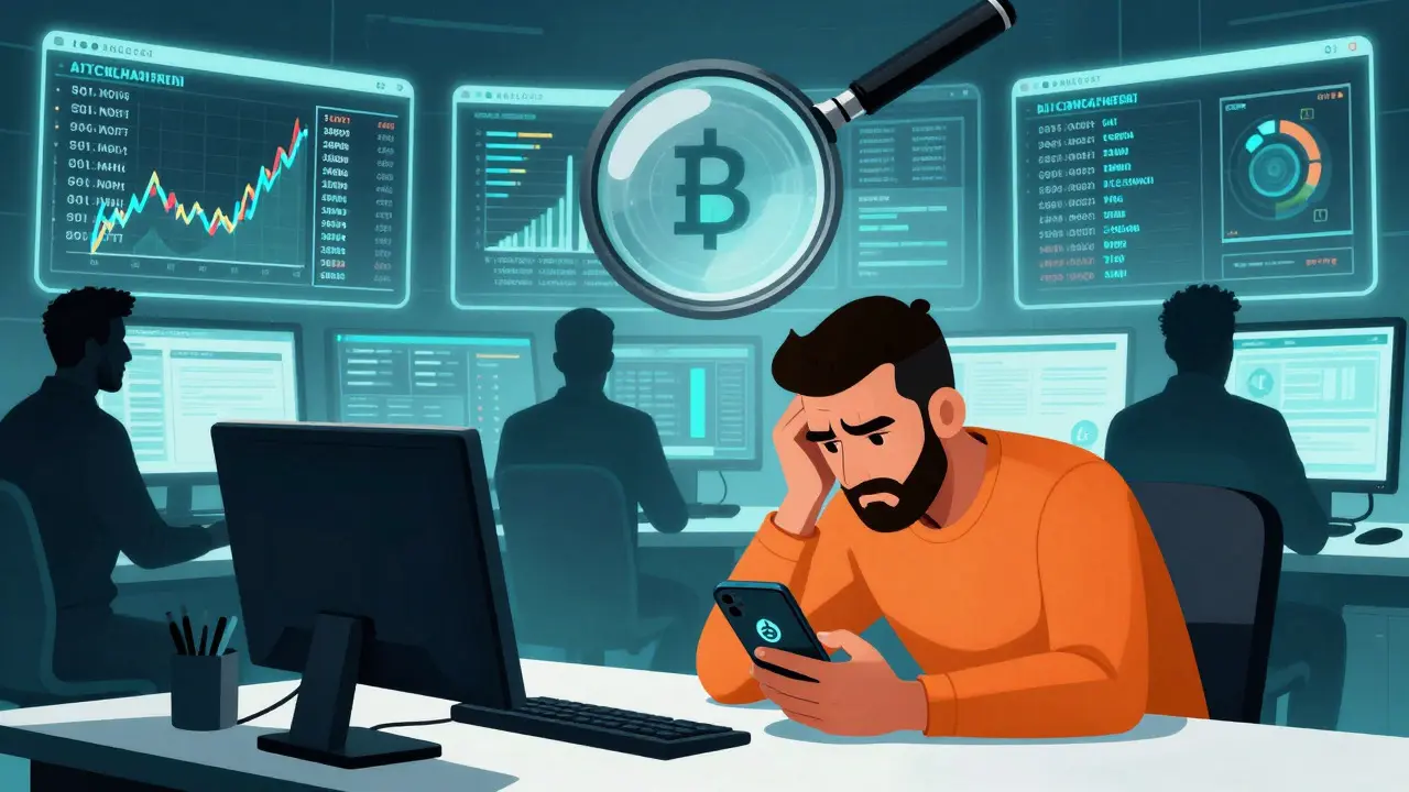 Illustration of surveillance agency tracking crypto wallets in Algeria