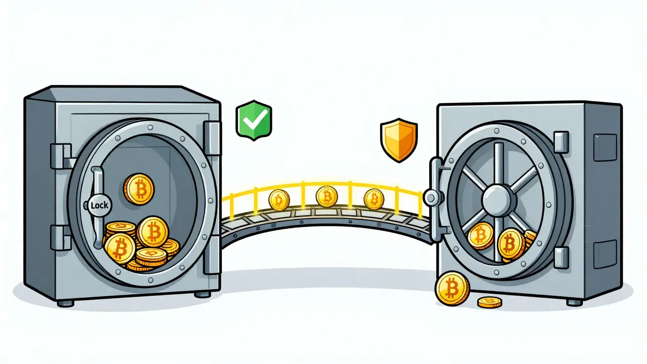 Illustration of the two-way peg mechanism locking assets on a blockchain bridge