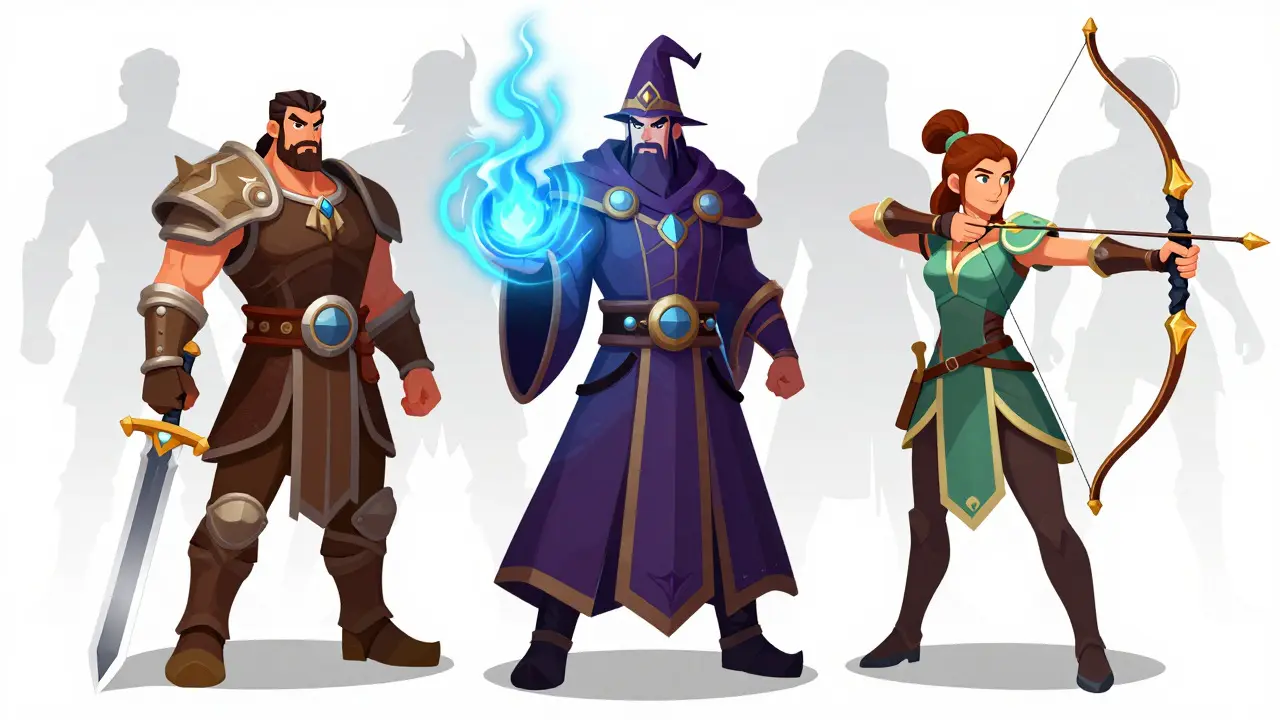 Illustration of three fantasy character classes: Warrior, Wizard, and Archer, displaying different rarity levels