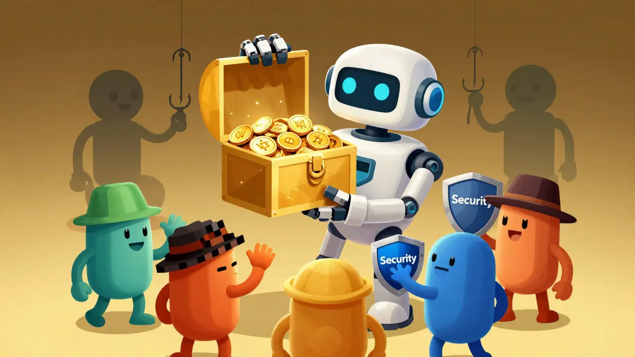 Illustration of users claiming airdrop tokens while avoiding scams