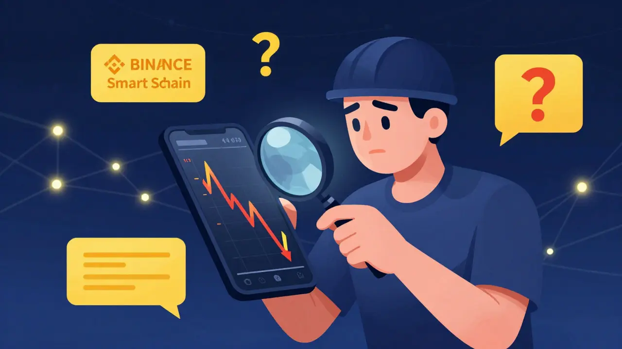 Investor analyzing risky stablecoin chart with magnifier